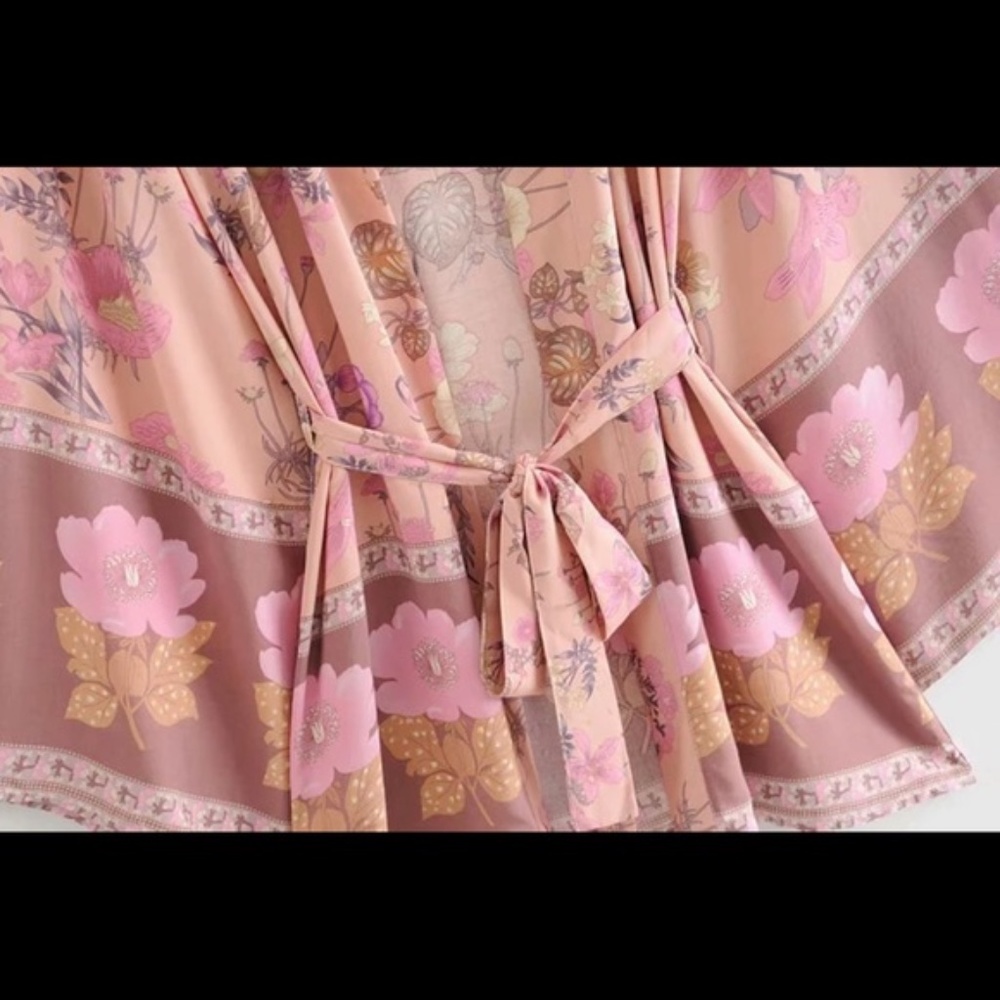Boho Floral Print Kimono Belted Beach Cover up - Picture 11 of 14